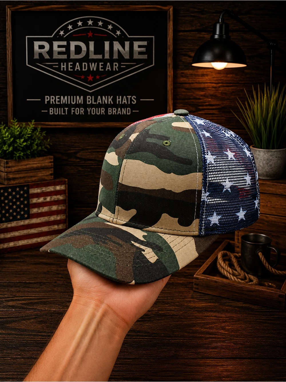 Woodland Camo American Flag Mesh Trucker Hat | Curved Bill Snapback Cap